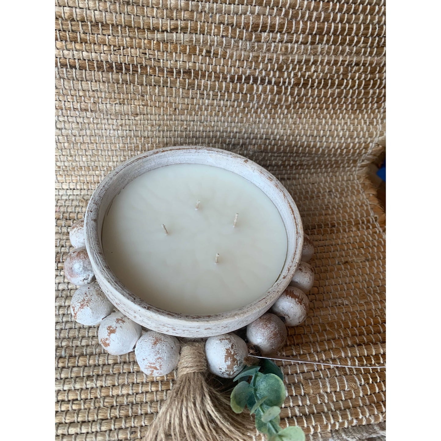 Beaded White Clay Bowl Candle